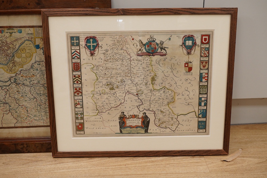 John Speed (1552-1629), hand coloured engraved map of Chester, sold by Thomas Basset and Richard Chiswell, together with two other antique maps of Oxfordshire and Sussex, 39 x 50cm